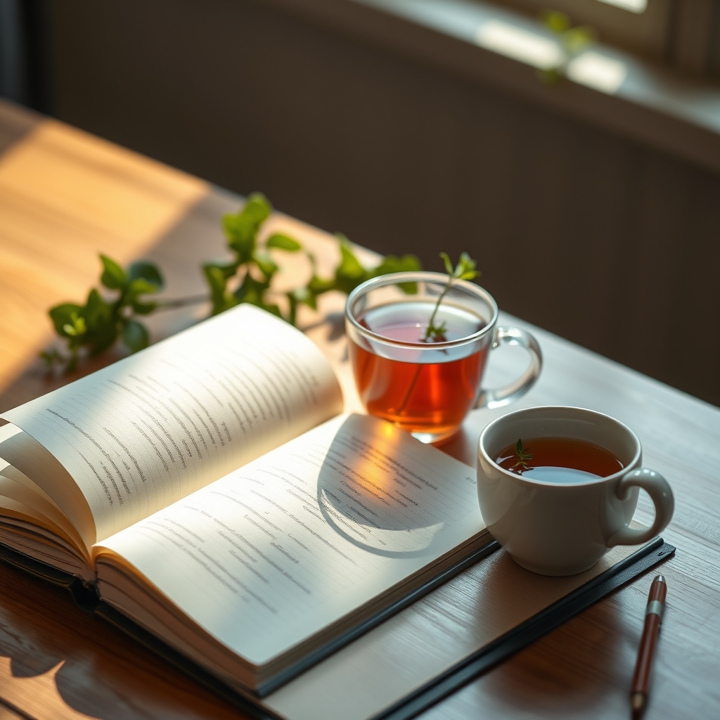 An open notebook beside a cup of herbal tea and fresh herbs in warm natural light