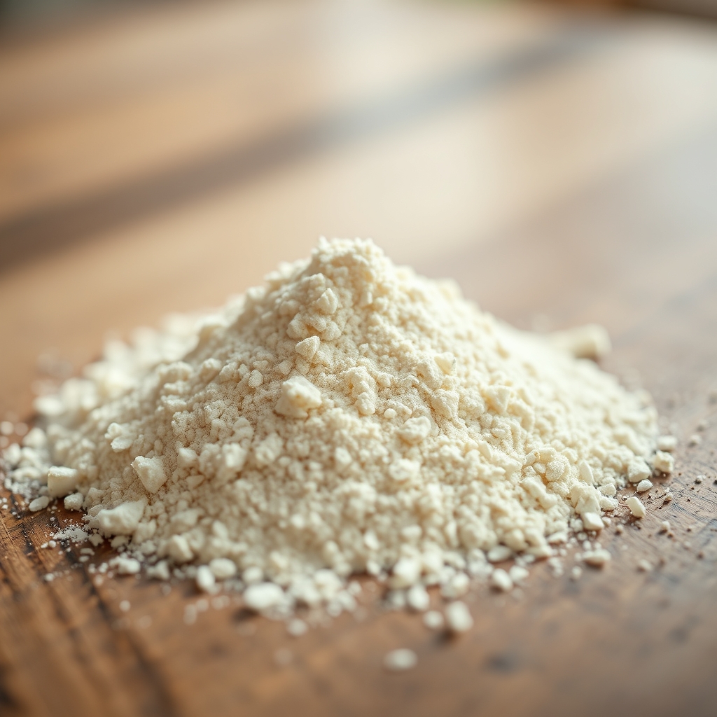 Psyllium husk powder close-up on a wooden surface with natural light