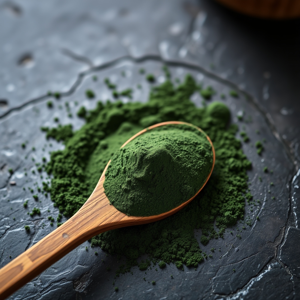 Spirulina powder on a dark stone surface with a wooden spoon